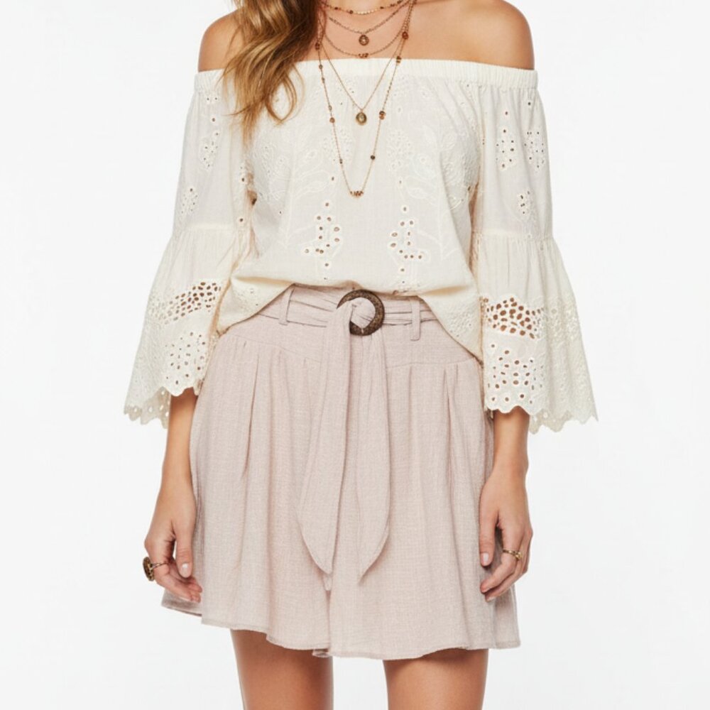 Sexy Splash Beige Flowy Mini Skirt Sz M Tie Front & Decorative Buckle Y2K Era